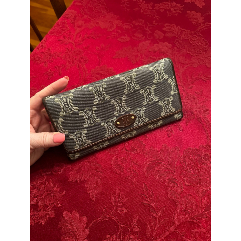 Celine Triomphe Blue Denim & Brown Leather Long Snap Wallet - Picture 1 of 7